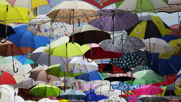 Blick auf ein Meer von Regenschirmen 