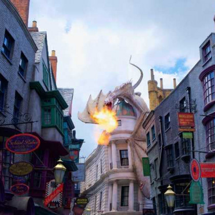 Ein Feuerspeiender Drache im Universal Studios